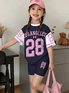 Girls' Los Angeles No. 28 Printed Two-Piece Set: Preppy-style T-shirt paired with cycling shorts, sweet yet edgy street style, breathable fabric, trendy summer outfit for school and play, ages 2–10