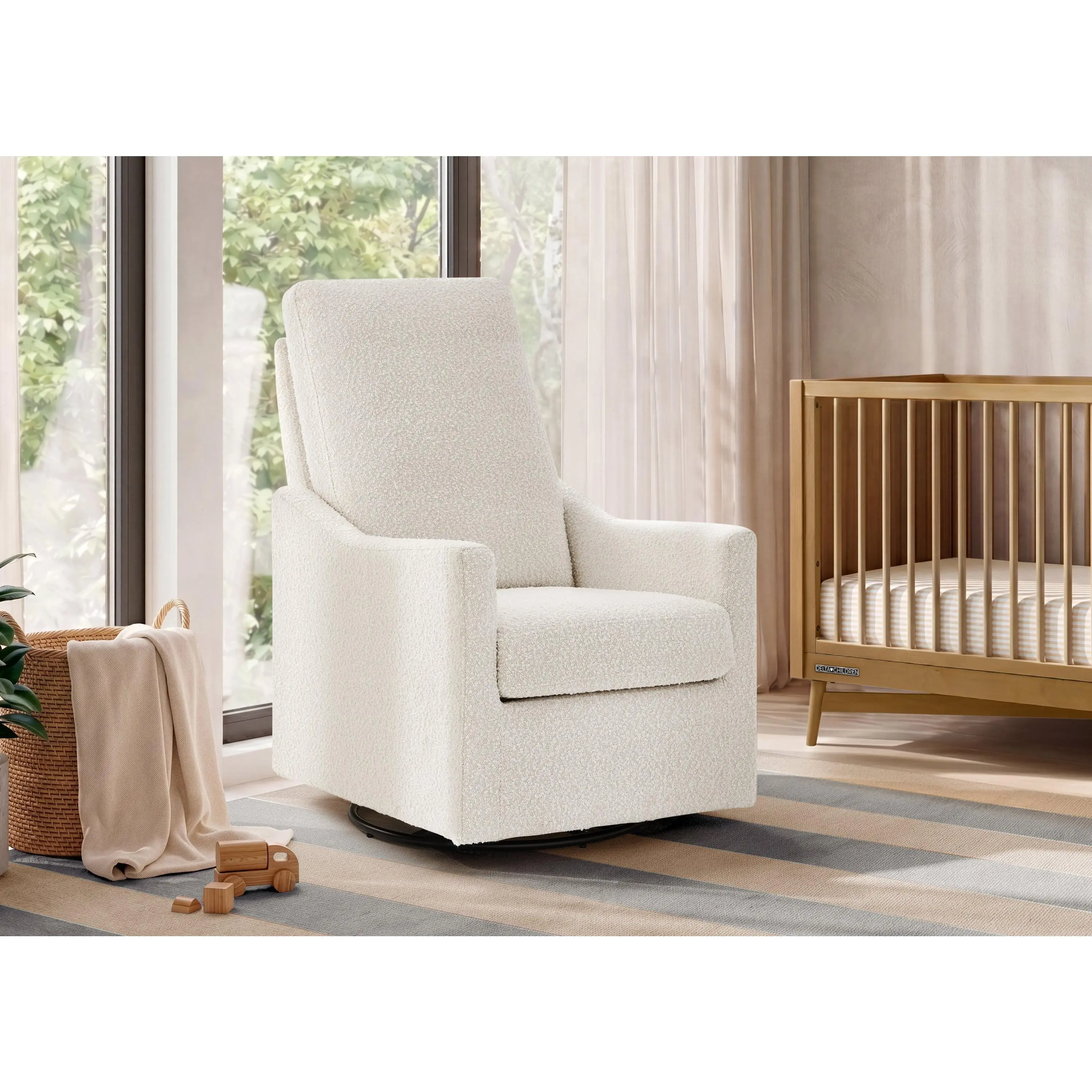Andie Boucle Fabric Baby Glider Swivel Chair - 6" Cushion, Padded Armrest, Modern Single-Seat Indoor Furniture Chair, Swivel Chairs, Nursery