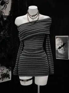 Women's Knitted Texture Striped Slim Fit Long Sleeve Dress, Fashion Chic Aesthetic Casual Wear Shoulderless One-Shoulder Bodycon Dress for Fall Winter, Womenswear