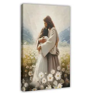 Christian Jesus Wall Art Poster Inner Frame Painting Jesus Hugs Woman in Daisy Flower Field Religious Canvas Prints Wall Decor for Church Living Room Bedroom Home Bible Verse Decor wall art