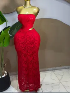 PULKRITU Elegant Formal Wear Birthday Party Dress, Women's Sleeveless Strapless Lace Long Dress, Side Waist Hollow Out, Medium Length, Sexy and Stylish