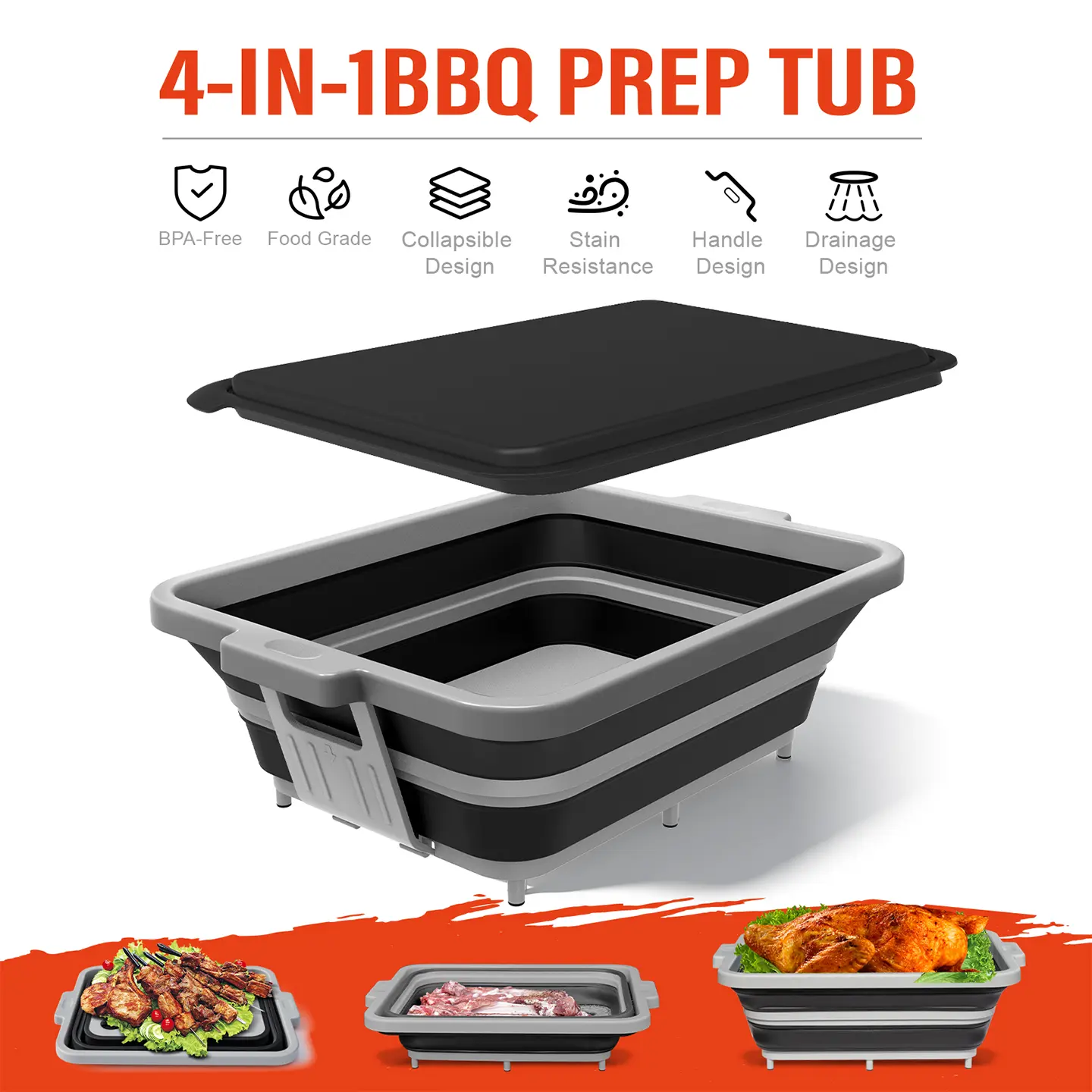 Upgraded Collapsible BBQ Prep Tub with Lid & Foldable Handle Stand - 4-in-1 for Meal Prep Marinating, Food Storage Container, Cutting Board & Beverage Cooler - Perfect for Camping & Picnic