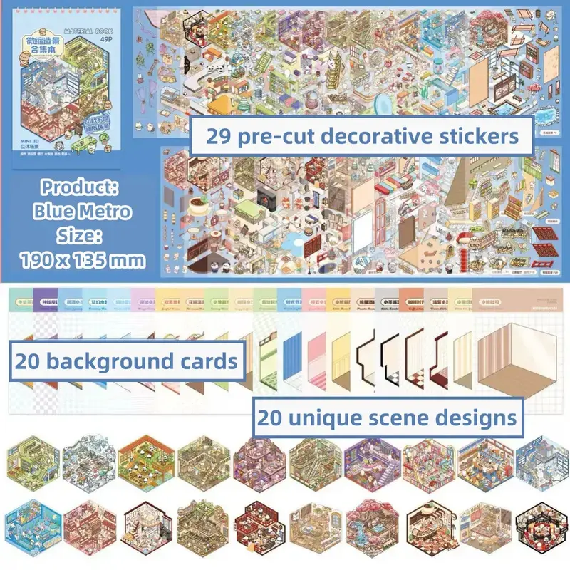 [US SELLER] 3D Scene Sticker Book 4pcs Set Cute Cartoon Creative Stickers for Scrapbooking & Journal Making DIY Decorative Stickers for Crafting