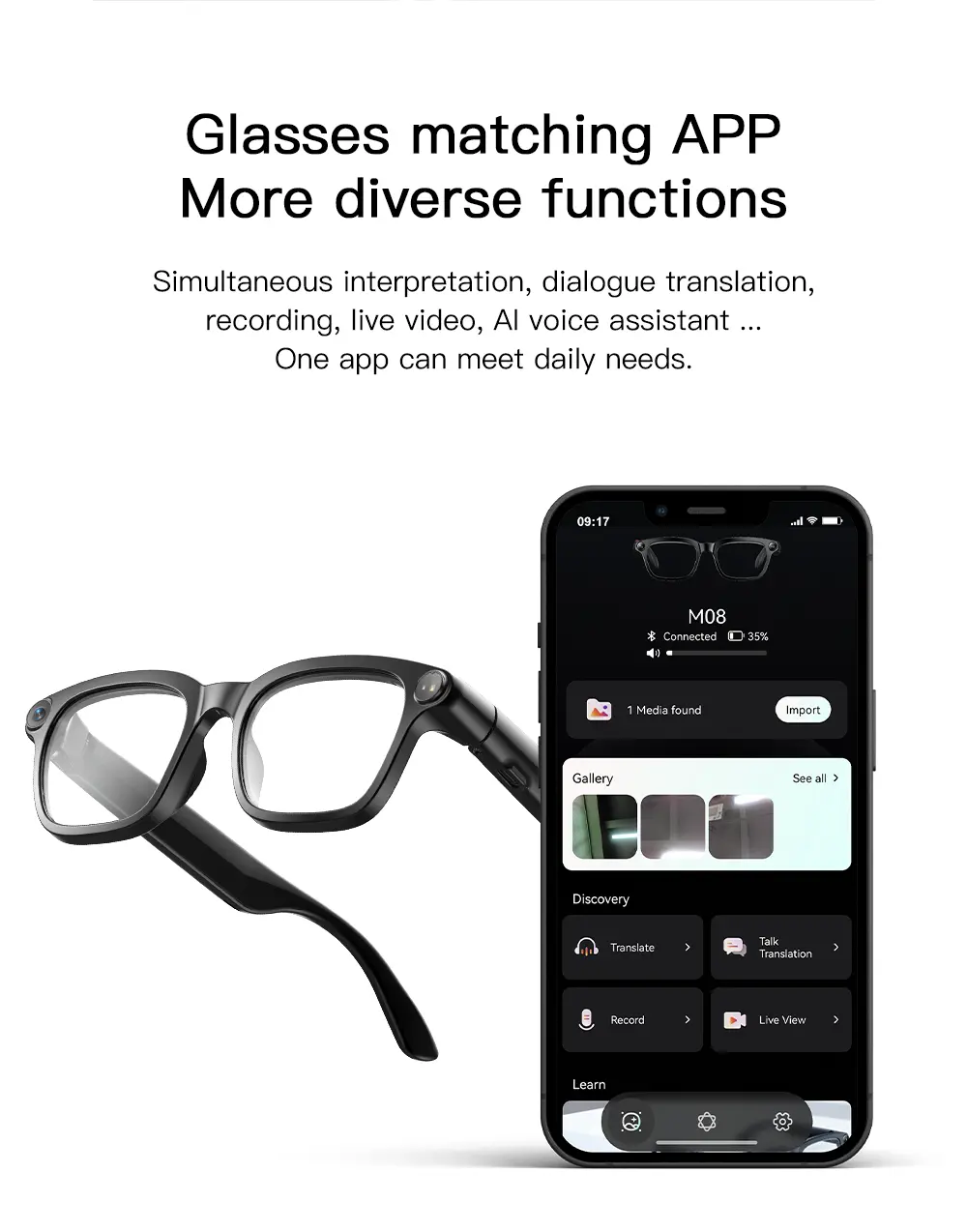 M08 Smart AI Glasses 8MP Camera Real Time Translator Eyeglasses