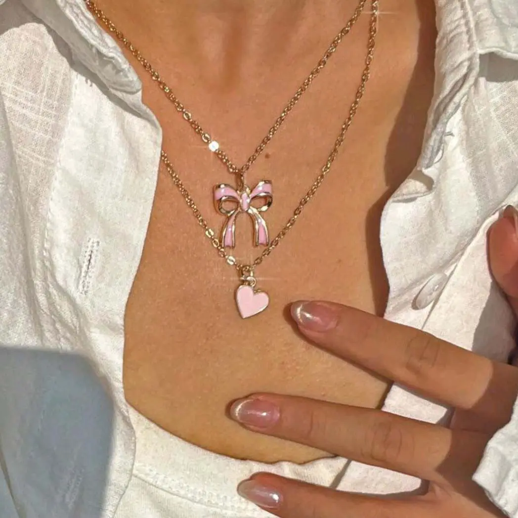 Alloy necklace pink heart bow necklace double layer necklace ladies daily wear mother's day gift