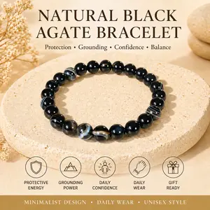 Natural Black Agate Bracelet, Glossy Black Crystal Bracelet for Protection, Strength, Grounding, Confidence, Energy Shield, Positive Vibes, Unisex Gift, TikTok Made Me Buy It, SummerWins DealsForYouDays Anklet money bracelet