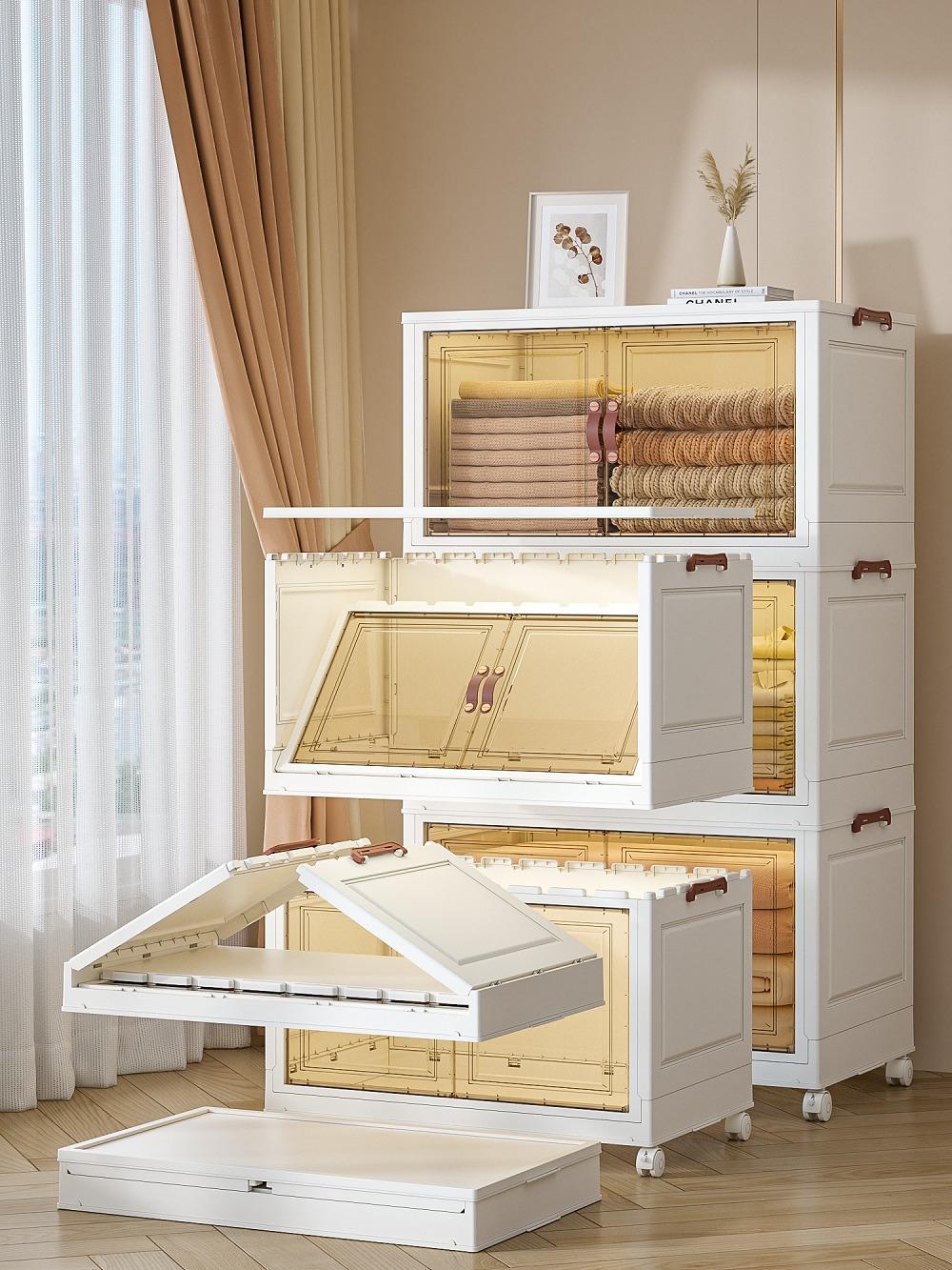 Foldable wheeled  box, 4–5 tiers stackable;for bathroom,and living room. Stacking design saves space;shoe cabinet for organizing makeup clothes, shoes and bags.layer storage Collapsible Multifunctional durable Bins plastic storage cabinet