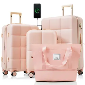 4-piece luggage set, 20 inches, with USB port, expandable ABS durable luggage compartment, travel bag cup holder, ABS hard shell luggage with rotating wheels, smooth and easy to push, online appearance, no short board and anti manufacturing