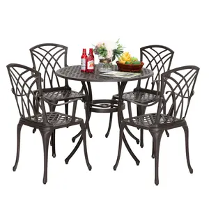 5 Piece Outdoor Cast Aluminum Dining Set, Round Patio Table and Chairs with Umbrella Hole for Patio or Deck, Lattice Weave Design