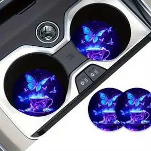 2pcs Purple Luminous Butterfly Coffee Car Coasters Dream Fairy Car Interior Accessories - DIY Auto Interior Decor Drink Coaster Cup Coaster Hallowmas Ornament Festiv Decor Activity Souvenir Birthday