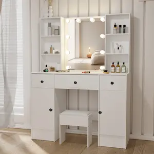 Large Vanity Desk Set with LED Lighted Mirror Drawers Stool for Bedroom Makeup Table Dresser White with drawers storage cabinet, adjustable light color,For gift