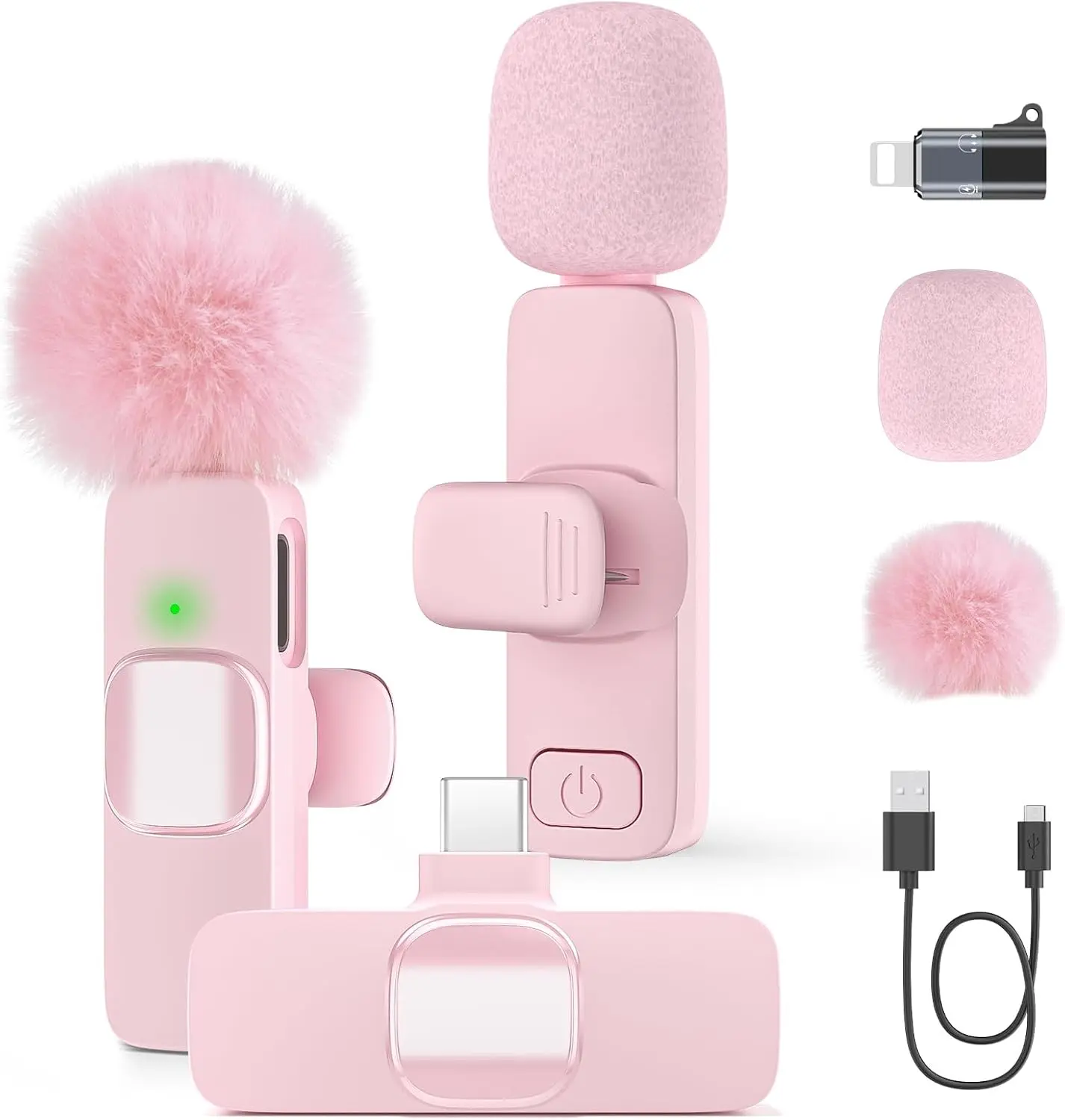 Compact Wireless Lavalier Microphone (Lightning Connection) - iPhone 16/15/14 & Smartphone Phone Accessory, Plug-and-Play Lapel Mic for Content Creators, Noise Reduction, 12H Battery, 65ft Range, USB Adapter, Pink Vlogging Device, Devices