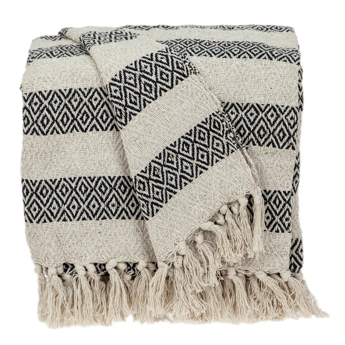 212 MAIN Soft Cozy All Season Throw Blanket - Handmade Black & Beige Diamond Weave Cotton Handloom Crafted, Bohemian Chic Fringed-Edge Blanket, All Season Blanket