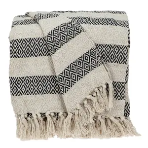 212 MAIN Soft Cozy All Season Throw Blanket - Handmade Black & Beige Diamond Weave Cotton Handloom Crafted, Bohemian Chic Fringed-Edge Blanket, All Season Blanket