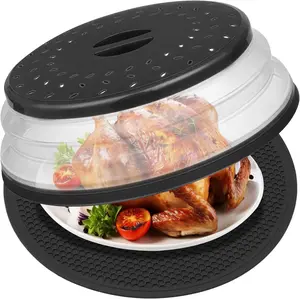 12" Microwave Food Cover & Mat,Large Vented Collapsible Splatter Guard Dish Plate Lid & Silicone round Kitchen Mat MAGJIUKE
