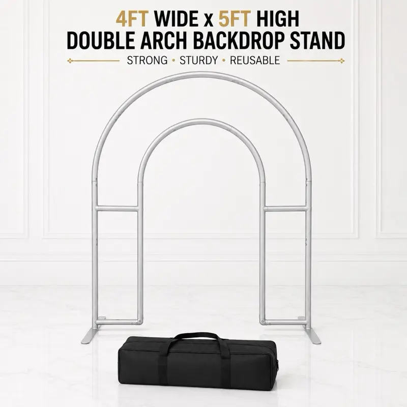 EPD 5FT High × 4FT Wide Double Arch Aluminum Backdrop Stand with Carry Bag | Reusable Nested Event Frame