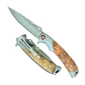 Damascus Pocket Knife, XJ-009 Durable Damascus Steel Blade, Wood Handle, Portable Design Ball Bearing Assists Opening with Pocket Clip , Outdoor Camping Survival EDC Knife, Survival Tool Folding Multi-Function Tactical Knife