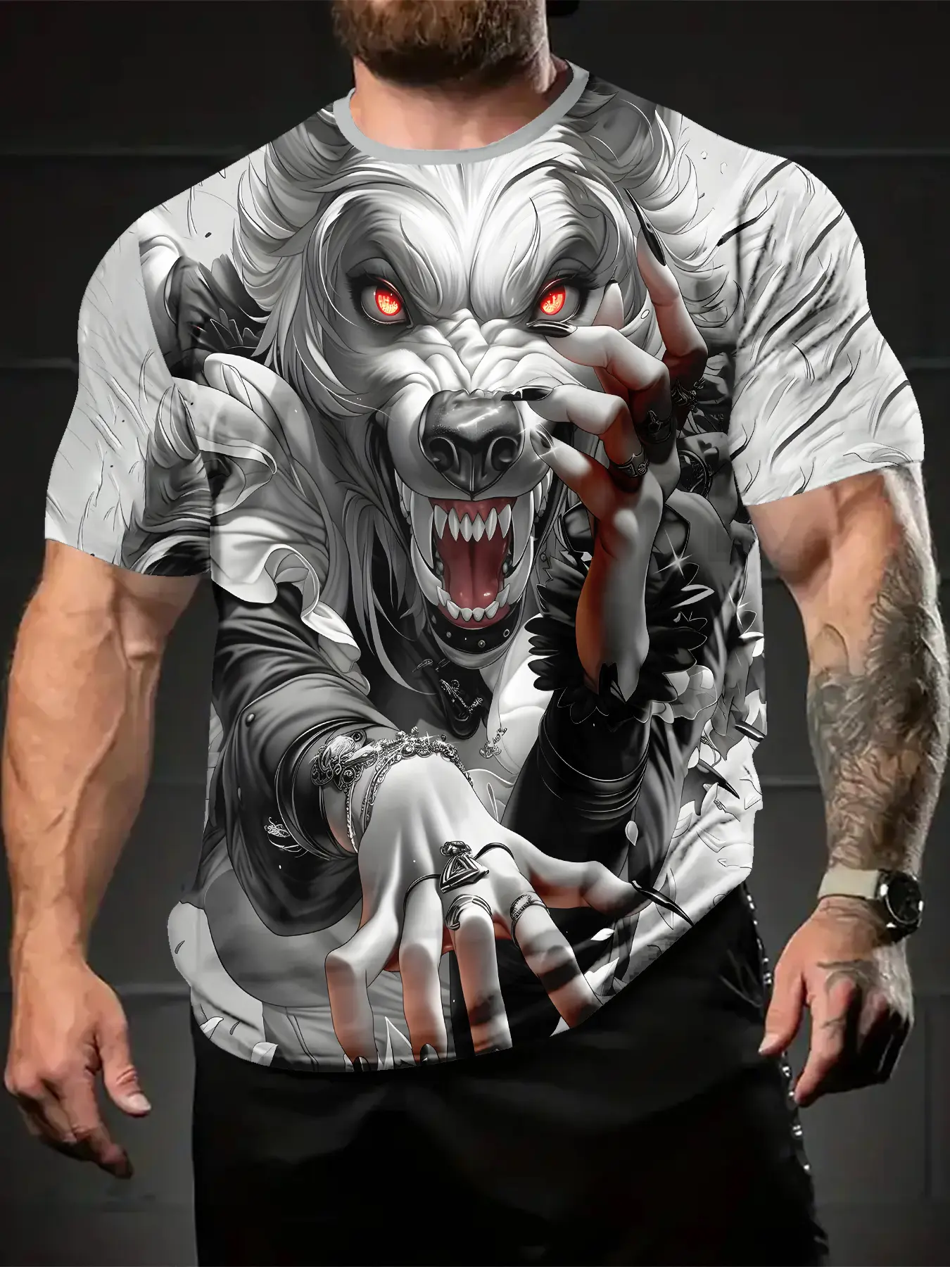 Dark Horror Style: Wolf Face Demon Hand Print T-Shirt, Summer Fashion Short Sleeve Shirt, Casual Comfortable Versatile Men'S Clothing, Plus Size