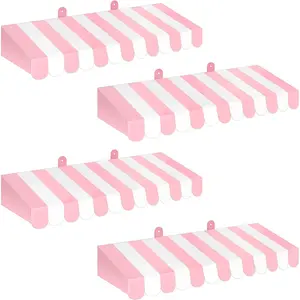 4 Pack Pink Circus Awning Decoration 3D Pink and White Stripe Cardboard Awning Bulletin Board Wall Decor Sweet Ice Cream Party Favors for Lemonade Stand Truck Bulletin Board