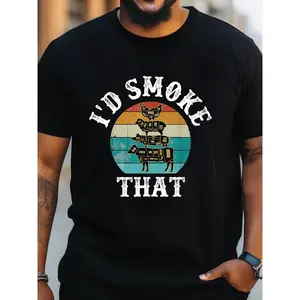 Men's "I'd Smoke That" Graphic T-Shirt - Casual Black Cotton Tee with Colorful Stripe & Camel Design, Short Sleeve Round Neck, Summer Wear, Machine Washable