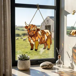 Highland Cow Stained Glass Suncatcher, Rustic Farm Animal Window Hanging, Acrylic Sun Catcher Decor, Highland Cow Lover Gift