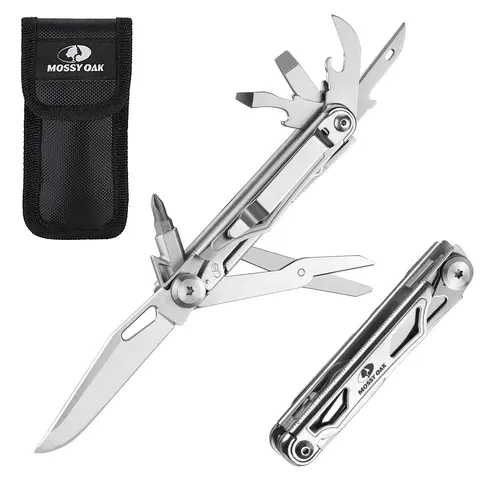 #blackfriday Mossy Oak 12-in-1 Multitool Pocket Knife with Pouch, Stainless Steel Multitool Knife with Clip, Survival Tools with Scissors, Bottle Opener, Wire Stripper, Glass Breaker, Screwdriv