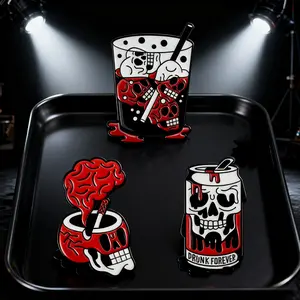 3Pcs/Set Halloween Skull Drink Enamel Pins! Funny "Drunk Forever" Quote Punk Metal