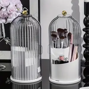 Rotating Makeup Storage Box With Clear Cover for Desktop Lipstick Eyebrow Pencil Brush Skincare Storage, Transparent
