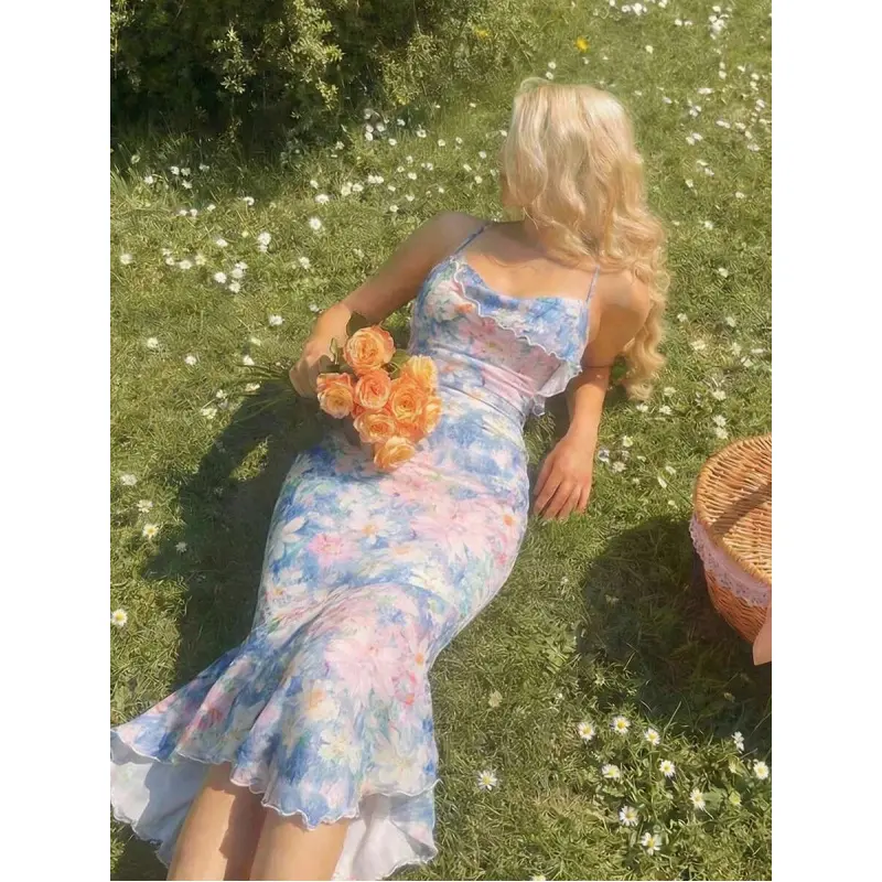 Women's Floral Cowl Neck Asymmetrical Mermaid Hem Dress - Ruffle Trim, Elegant Dress for Wedding Guest, Elastane Fabric, Sleeveless/Arm Sleeve Options, Summer Cottage Core Tea Party Outfit, Elegant Dresses, Wedding Guest Outfit