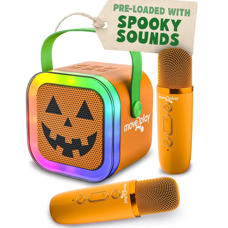 Move2Play Rechargeable Portable Karaoke Machine for 3+ Years Old - Toddler Toy with Bluetooth Link, Built-in Li-ion Battery, 6-Hour Playtime, Spooky Theme, Echo Mode, Indoor/Outdoor Decoration, Yes Functionality