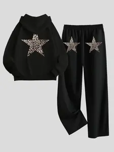 Leopard Print Hoodie and Sweatpants Set, Fashion Streetwear Two-Piece Set, Casual Loose-Fitting Long Sleeve, All Seasons