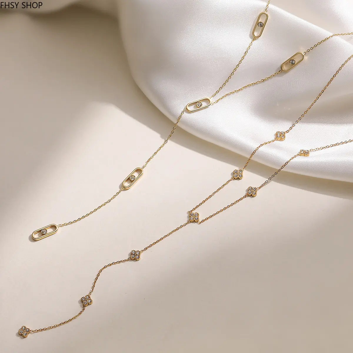 FHSY SHOP Dainty Gold Plated CZ Station Chain Necklaces 2‑Pack Oval & Four‑Leaf Clover Crystal Layered Necklaces for Women, Minimalist Everyday Wear