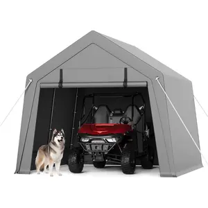 【GARVEE】Outdoor Storage Shelter Shed, 10X10 ft Portable Garage Canopy with 2 Rolled up Zipper Doors & Vents Carport for Motorcycle Waterproof and UV Resistant Portable Garage Kit Tent, Gray