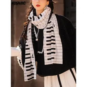 2025 Winter Y2k Aesthetic Grunge Long Scarves Women Unisex Harajuku Knitted Neckerchief Black White Piano Jacquard Scarf Gothic