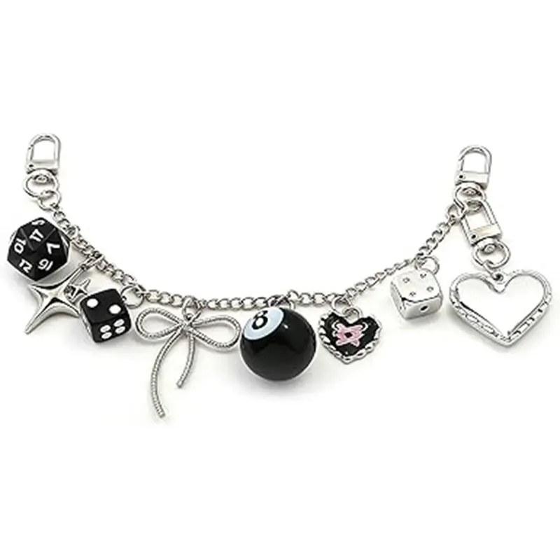 Black & Silver Charm Bracelet Keychain with 8-Ball and Dice Y2K Aesthetic 8 Ball Dice Keychain, Funky Retro Purse  main image 3