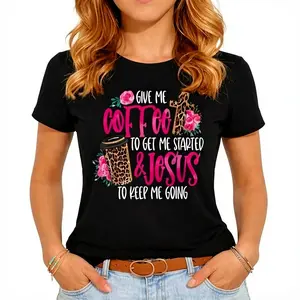 Women's Funny Coffee & Faith Graphic Tee - “Coffee & Jesus” Pink Print on Black, Loose Fit Lightweight Top for Everyday Wear, Brunch & Relaxed Weekends | Soft Casual Essential