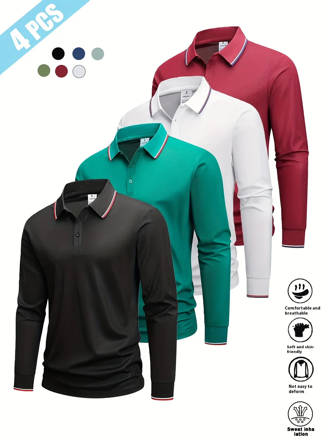 4-pack men’s long-sleeve polo shirts for spring/autumn, collared design, striped textured fabric, available in multiple colors; casual athletic menswear tops.Very suitable for travel and work.A great gift—stylish and versatile; moisture-wicking spring/aut