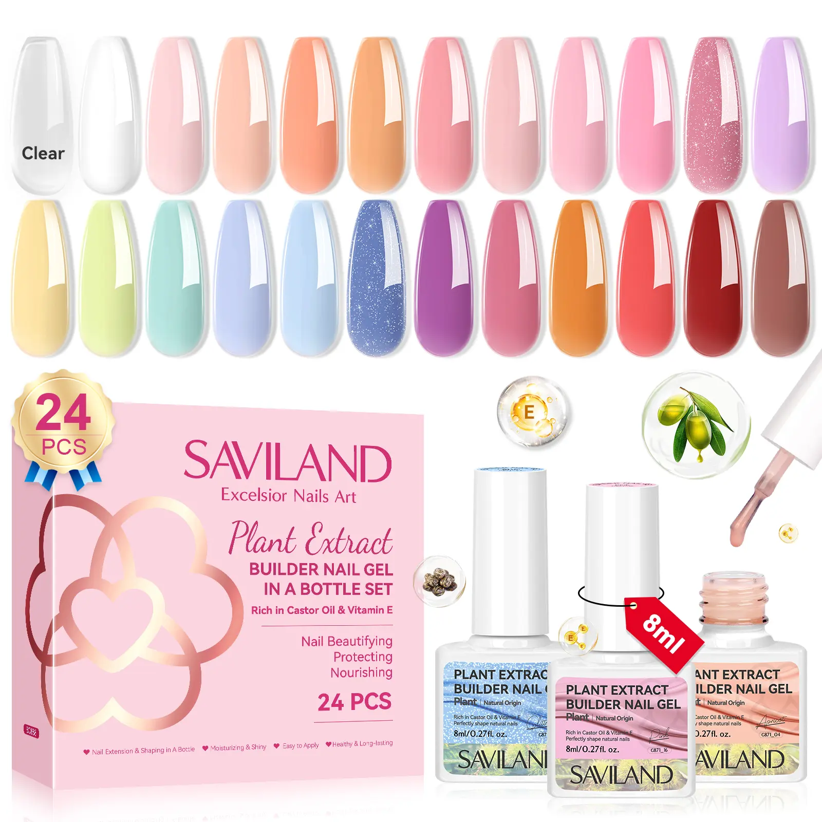 SAVILAND Builder Nail Gel 24-Color: Castor Oil Builder Nail Gel Set Vitamin E Nail Strengthener Hard Gel Builder Extension Builder Nail Gel in a Bottle Home Women Extensions Nail Care Repair