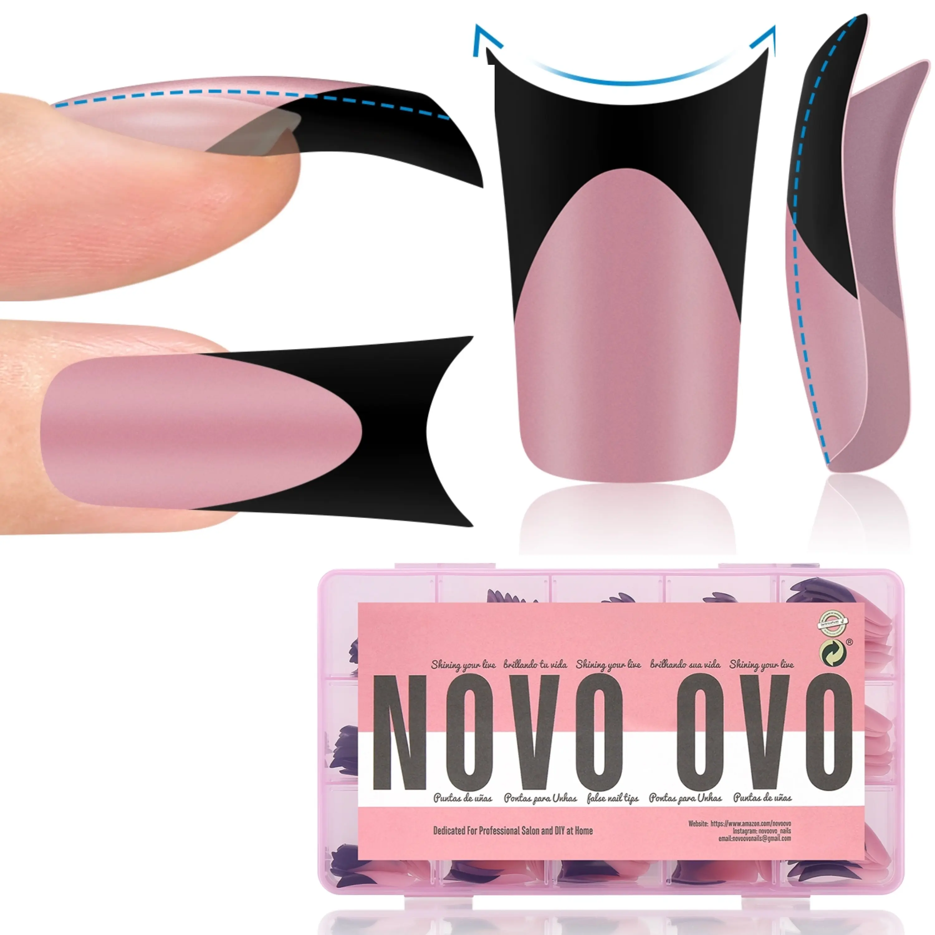 NOVO OVO Halloween Black French Tip Duck Feet Nail Tips Full Cover for Press on Acrylic with Moon Curve, Thick Medim Long Pre-Etched Matter Flare Wide Soft Gel Fake False Nail Extension x 15 Sizes 150 pcs【DOES NOT INCLUDE: LIGHT, GLUE, BUILDER GEL】