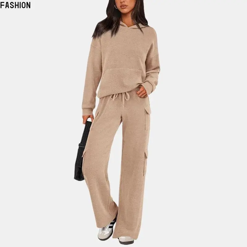 Women's 2-Piece Oversized Knitted Lounge Streetwear Tracksuit - Trendy Hoodie Pullover, Adjustable Baggy Cargo Pants with Drawstring Waist, H Type, Standard Sizes, Fabric for Casual Active Use + Free Raincoat Gift (Sports & Outdoor Clothing), Trendy Hoodi