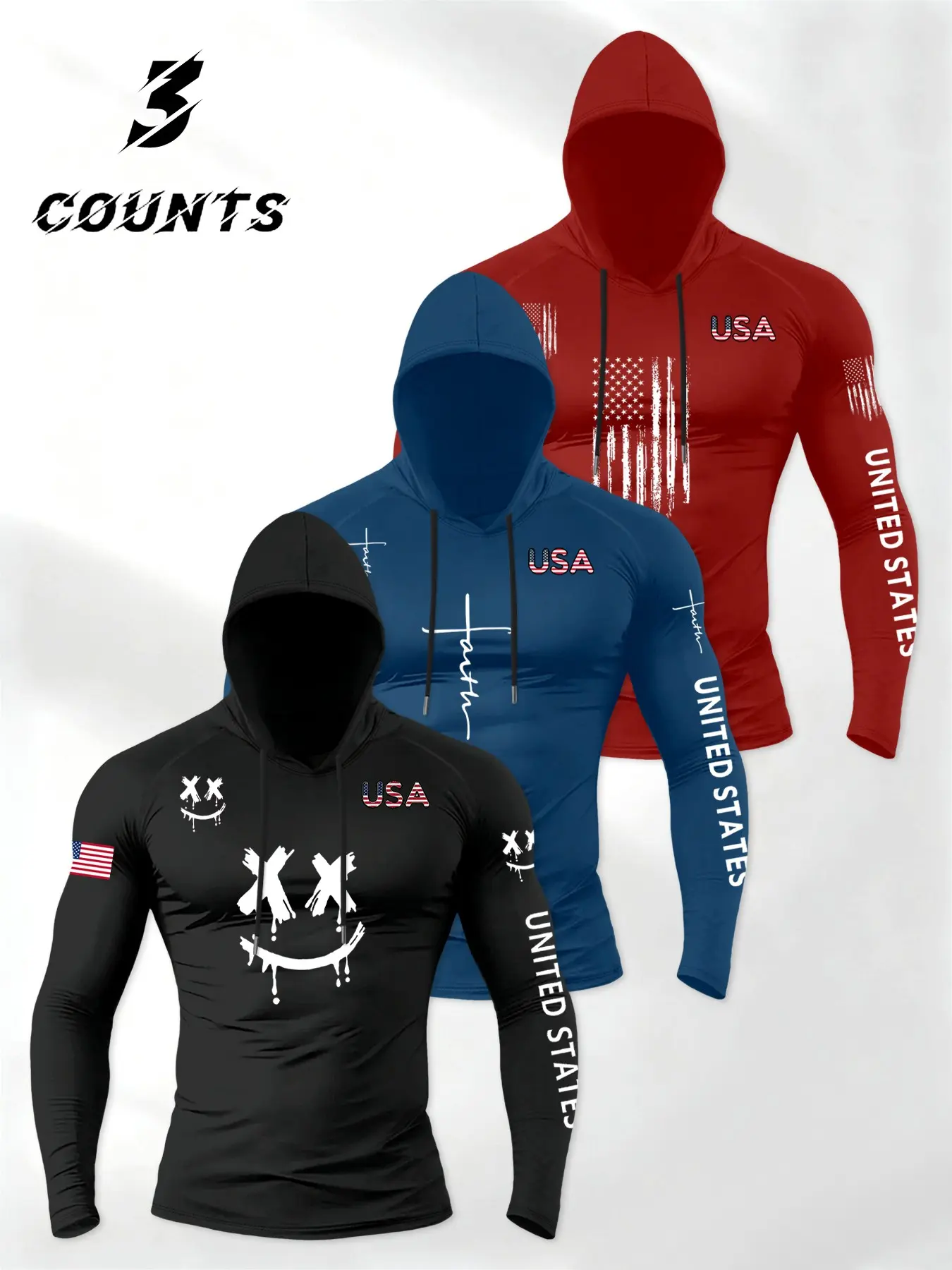 Men's 3-Piece Spring Fall Casual Fashion Activewear Long Sleeve Usa Print Hooded T-Shirt Set, Fashionable Comfortable Sportswear Workout Casual Wear for Daily Wear, Gym Athletic Clothes, Sports Clothing Set, Fitness Casual Wear, Casual Sporty Set