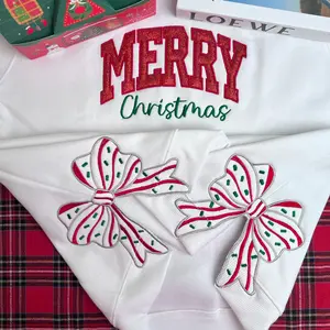 Merry Christmas Side Bow Embroidered Sweatshirt, Glitter Christmas Sweatshirt, Side Bow Applique Hoodie, Christmas Bow Shirt, Holiday Apparel