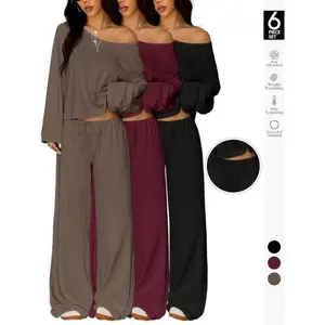 2 Piece Set Women Sleepwear, Elegant Simple Solid Color Loose Long Sleeve Thermal Top And Pants pajamas Set, Pjs For Autumn/Winter, Loungewear  Basic
