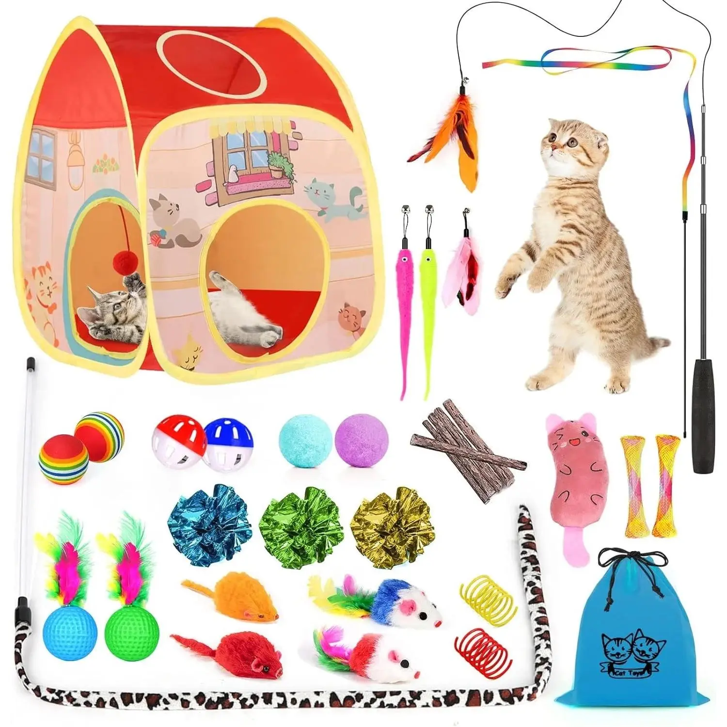 Ultimate 34-Piece Cat Toys Kit – Interactive Fun with Collapsible Tunnels & Feather Teasers