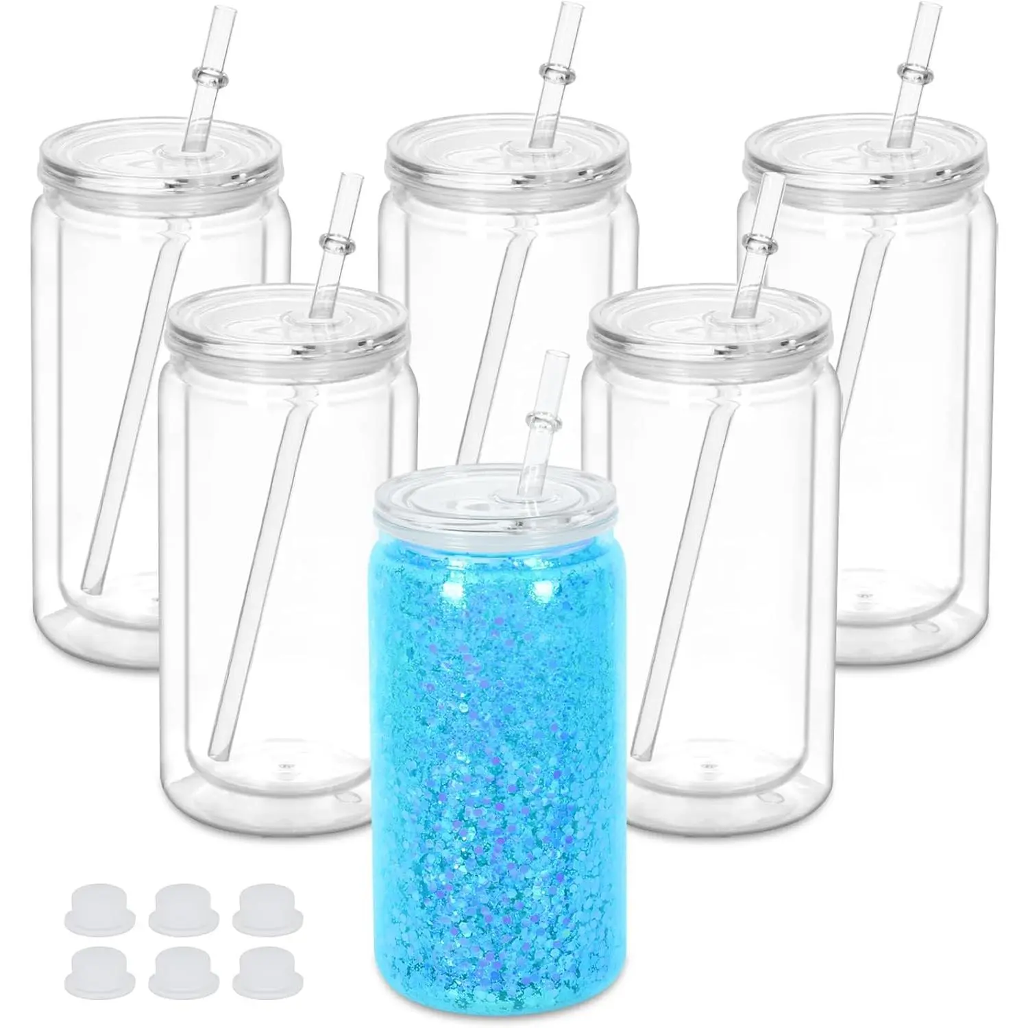16 Oz Plastic Snowglobe Tumbler, 6 Pack Pre-Drilled Double Wall Plastic Clear Cup for Glitter Snow Globe Diy, Double Wall Snowglobe Cup with Clear Lid