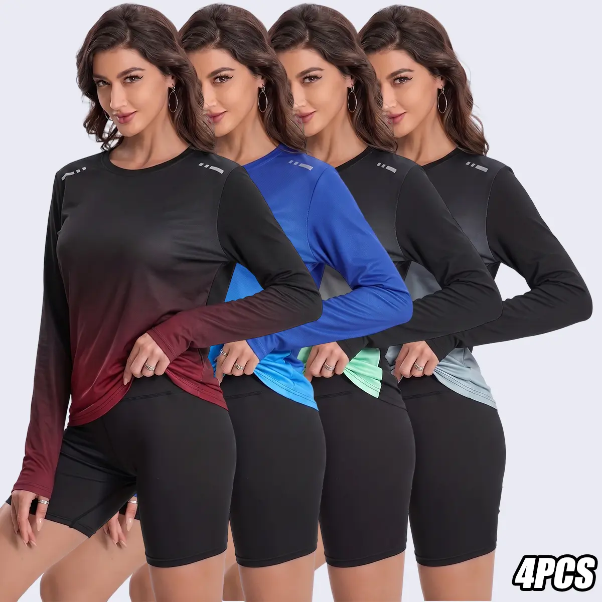 Women's 4PCS Gradient Long Sleeve T-Shirts, Breathable Crew Neck Athletic Tops, Machine Washable Casual Shirts for Sports & Running, No, Gradient Print, Polyester Clothes, Long Sleeve Shirt