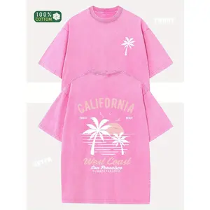 230g Washed Cotton California Pattern Double-Sided Retro Design Palm Tree and Surfboard Pattern Loose Fit Unisex Short Sleeve Top Summer Casual Beachwear Machine Washable Unisex Clothing