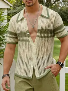 Men's Summer Casual Fashion Knit Top, Trendy Hollow Out Design, Polo Neck Spring Summer Cardigan, Perfect for Vacation Daily Wear