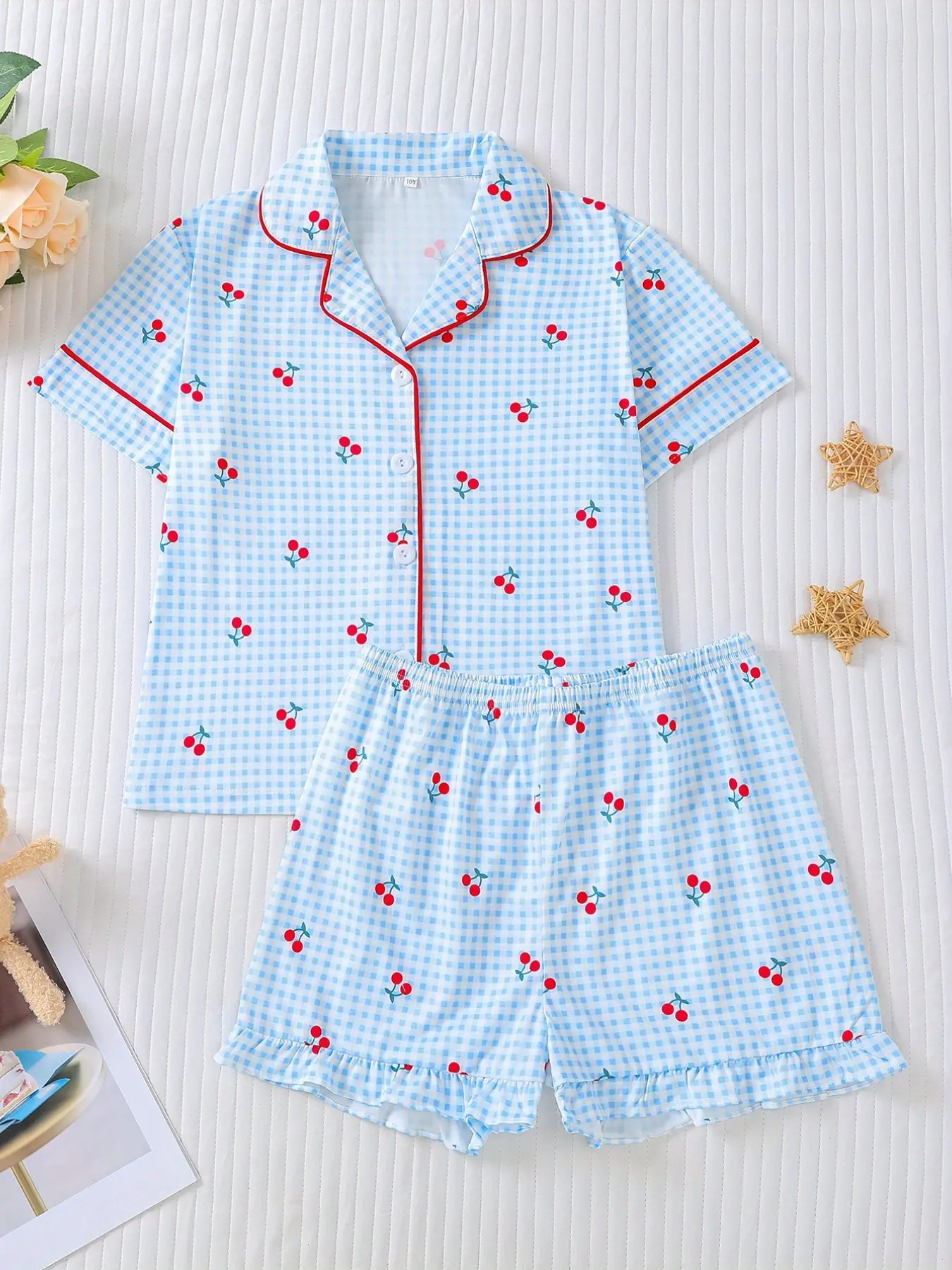 Girls' 2-Piece Loose Fitting Sleepwear Set, Flame-Resistant Summer Short Sleeve, Collared Pajama Set, Korean Style, Blue Plaid Cherry Print, Party Wear, Summer Pjs, Pj Sets