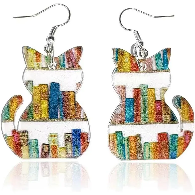 Animals Bookcase Earrings, Cat Dog Book Dangle Earrings for Women Book Lover, Bookshelves Earrings  Graduation Teacher's Day Appreciation  To School Gifts For Teacher